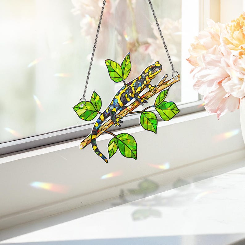 ViciArt Tiger Salamander Suncatcher – 4" Holographic Acrylic Window Hanging, Nature Reptile Decor