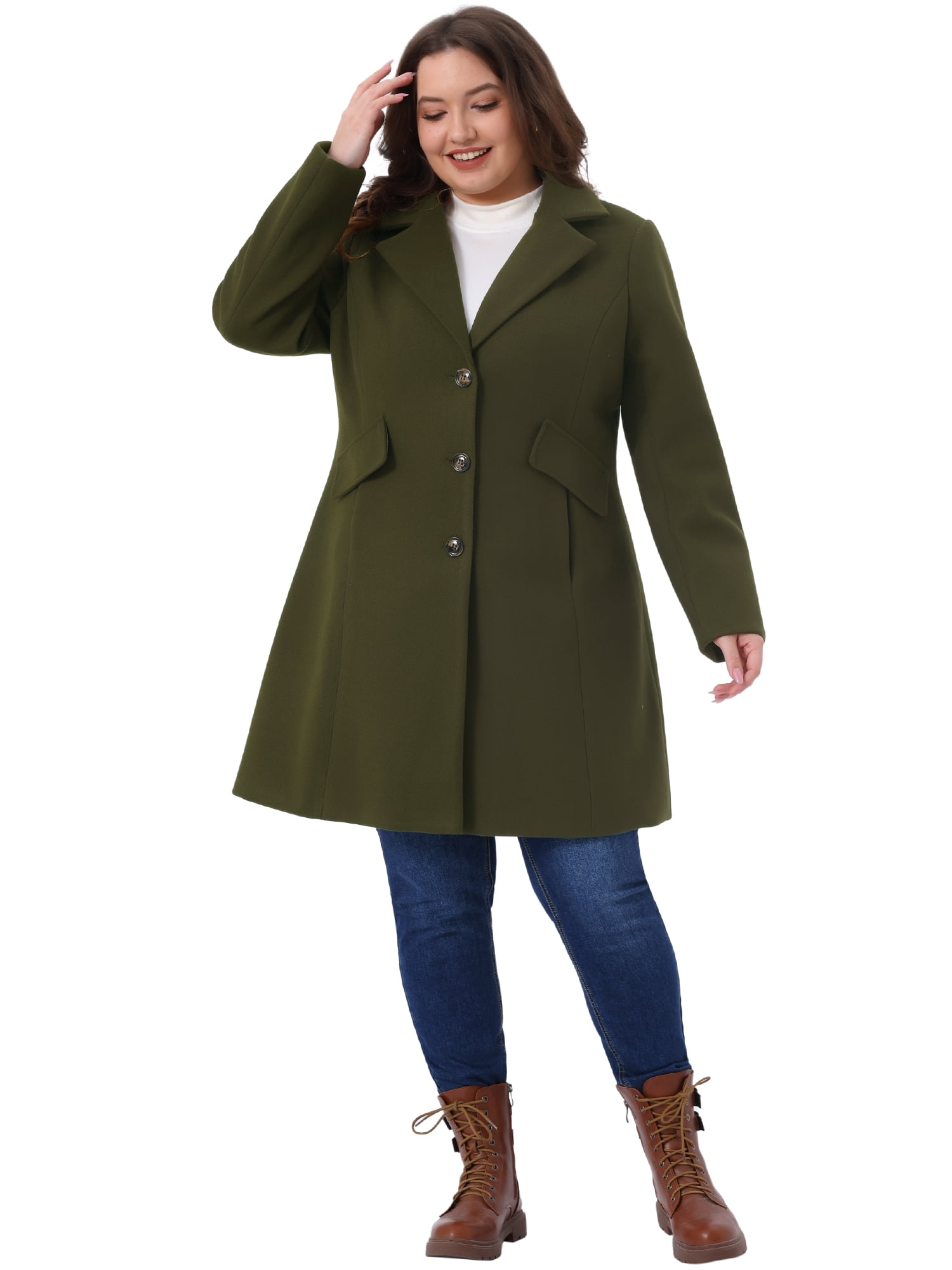 DARING DIVA Women's Plus Mid Length Notch Lapel Single Breasted Pea Jacket 2X Army Green