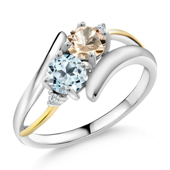 Gem Stone King 925 Silver and 10K Yellow Gold Peach Morganite Sky Blue Topaz and White Lab Grown Diamond Women Ring (1.12 Cttw, Round 5MM, Gemstone Birthstone, Size 7)