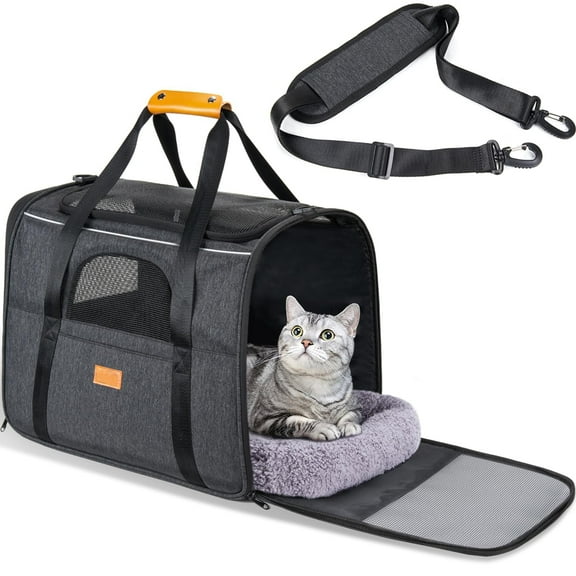Cat Carrier - Cat Carrier Soft for Medium or Large Cats up to 25lbs, with Dual-Sided Cushion, Secure Buckle and Foldable Bowl, Dog Carriers for Small Dogs - Pet Carrier (Dark Gray)