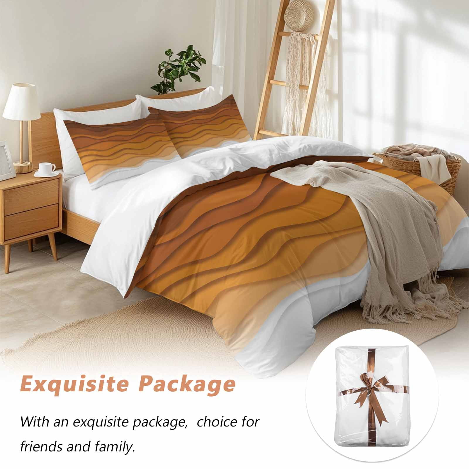 Orange Ombre Stripes Bedding 3 Piece Duvet Cover Set Full Size, Farmhouse Retro Abstract Waves Art Soft Microfiber Comforter Cover with Zipper Closure & Pillowcases, FadeResistant Quilt Cover