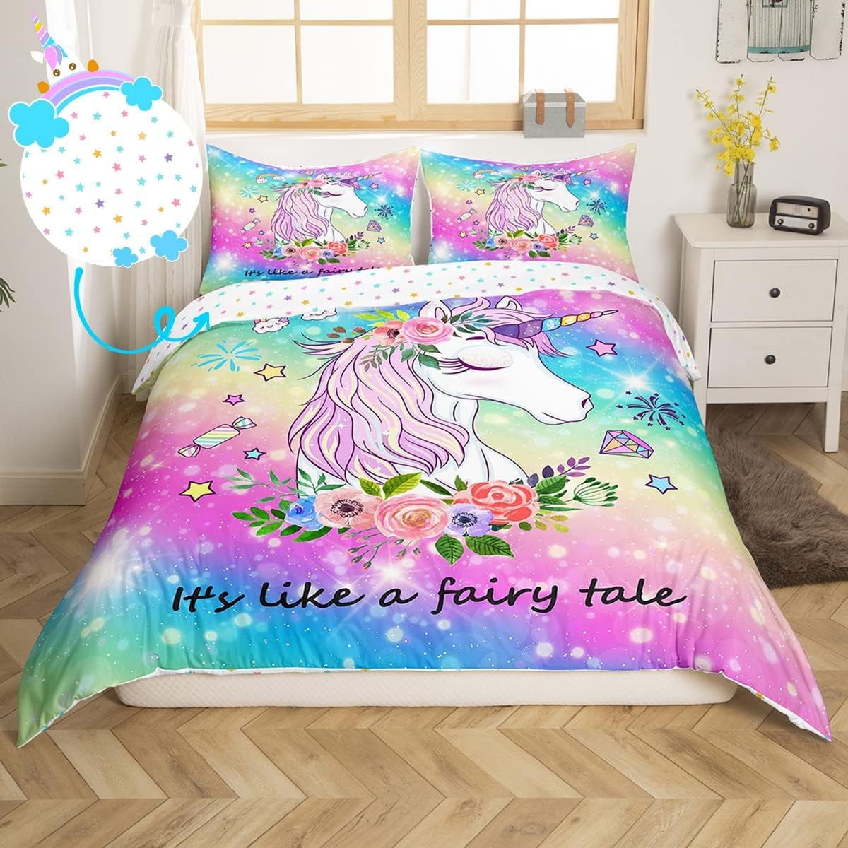 Unicorn Bedding Set Rainbow Galaxy Comforter Cover ,Cartoon Magical Animal Duvet Cover Cute Dreamy Horse Bed Sets Full,Glitter Stars Flowers Unicorn Bedroom (No Comforter)