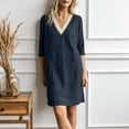 thumbnail image 5 of Vetsdori Women's Solid Color V-Neck Lace 3/4 Sleeve Linen Shift Dress Casual Flowy Summer, 5 of 9
