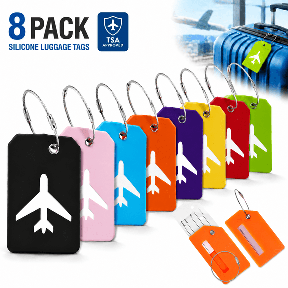 Ustris 8 Pack Silicone Luggage Tags for Suitcases with Stainless Loop, TSA Approved, Privacy Protection Travel Essentials Bag Tags, Mixed Color