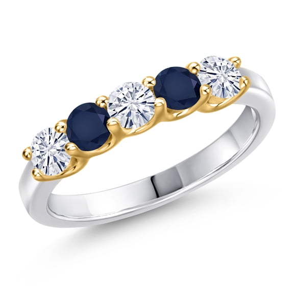 Gem Stone King 10K Two Tone Gold White Moissanite and Blue Sapphire Wedding-Bands Ring for Women | 0.92 Cttw | Round 3.5MM | Gemstone Birthstone | Size 5
