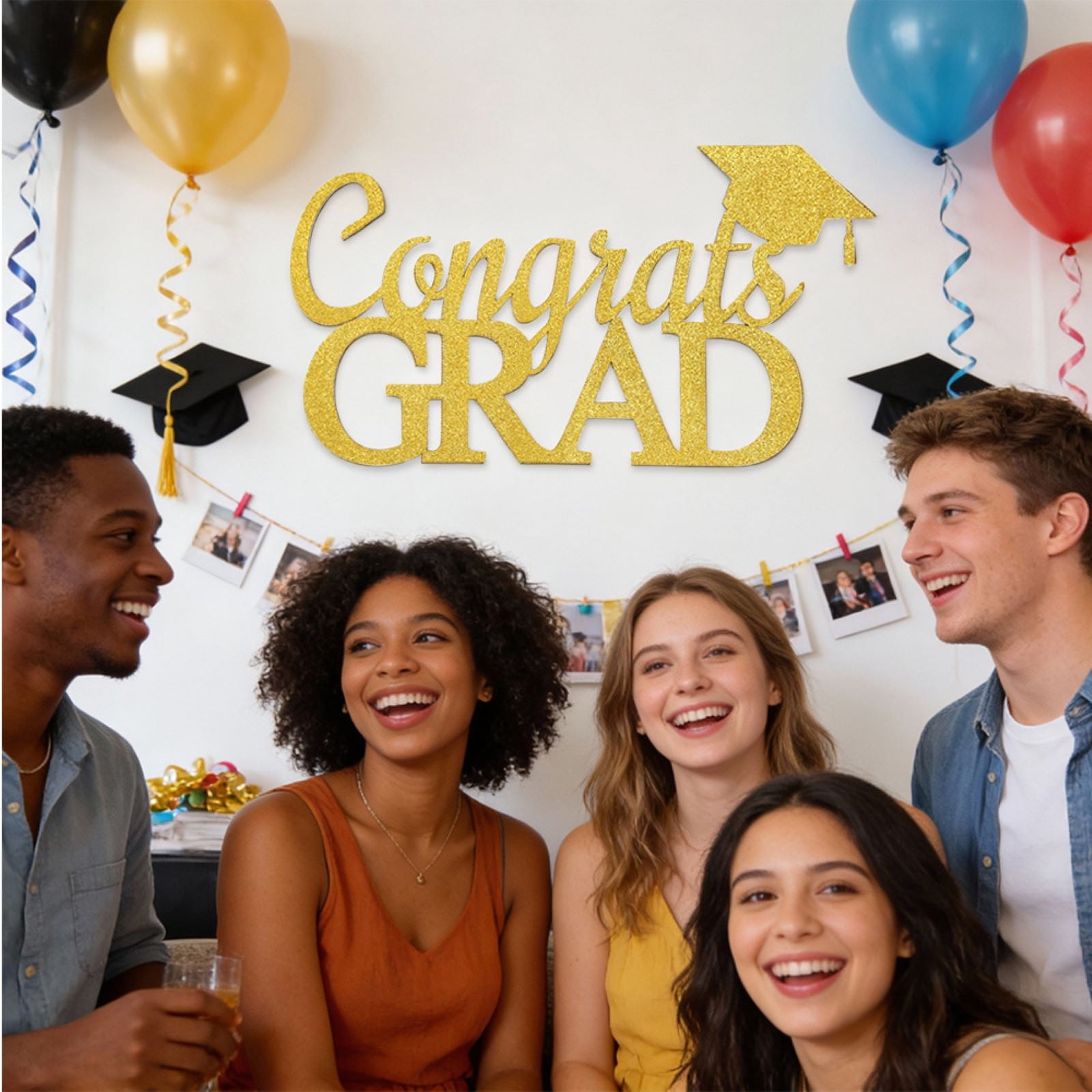 Seyotauo Graduation Party Decorations, Glitter Gold Congrats Sign with Graduation Cap Paper Wall Decals, Stylish Ornament for College Graduation Ceremony and Photo Booth Backdrop Decoration