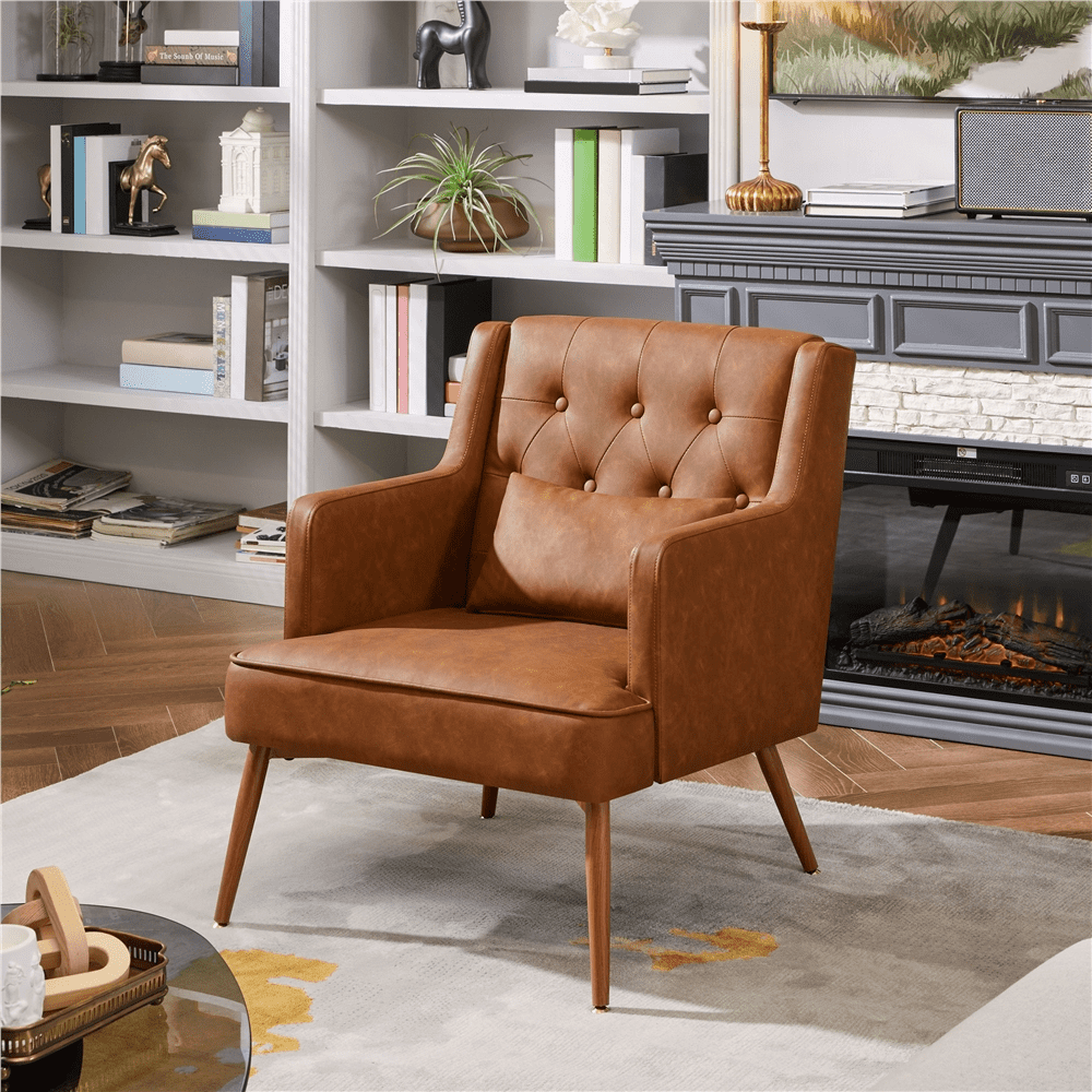 Renwick Modern Button-Tufted Faux Leather Accent Chair,Retro Brown