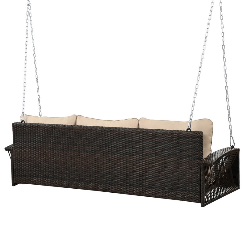 3-Person 69" PE Wicker Porch Swing with Chains, All-Weather Large Patio Swing Bench with Cushions for Backyard, Garden, and Poolside