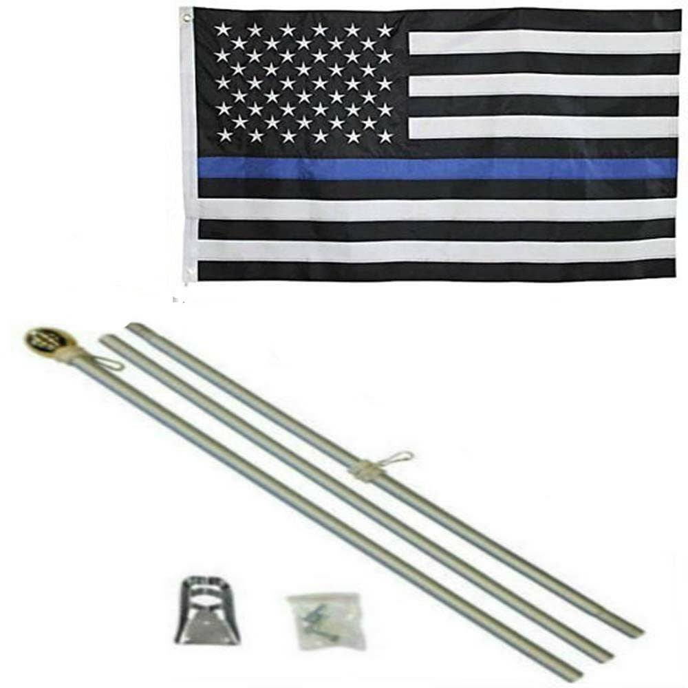 2x3 2'x3' Police Memorial Thin Blue Line Flag White 6ft Pole Kit Gold Ball Top 