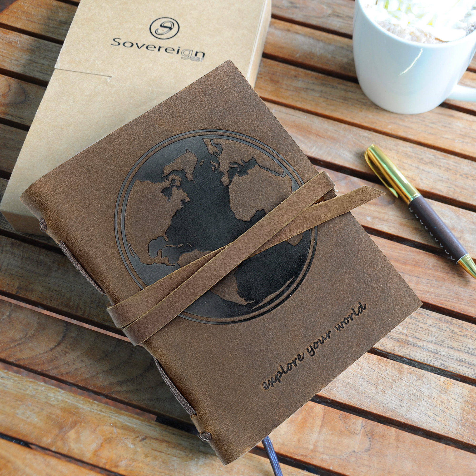 Leather Bound Journal for Men and Women, Handmade Gift Set with World Map Embossed Journal and Stylish Pen, Vintage and Classic, Notebook, Sketchbook, Planner and Diary (300 Pages) (8x6")