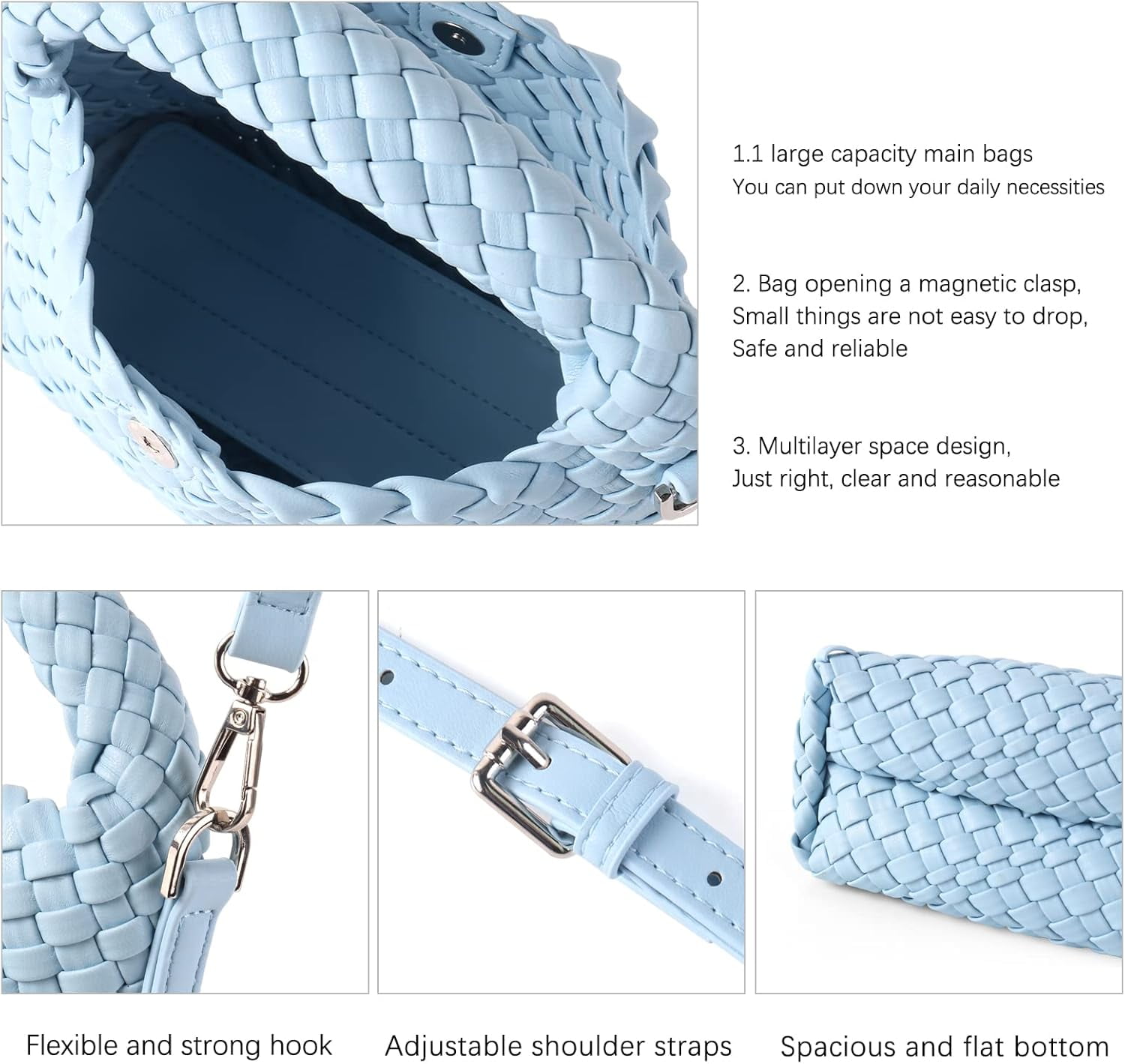 HMSHA Women Woven Tote Small Crossbody Bag, Weave Quilted Purse Square Shoulder Bag Woven Handbag with Detachable Strap