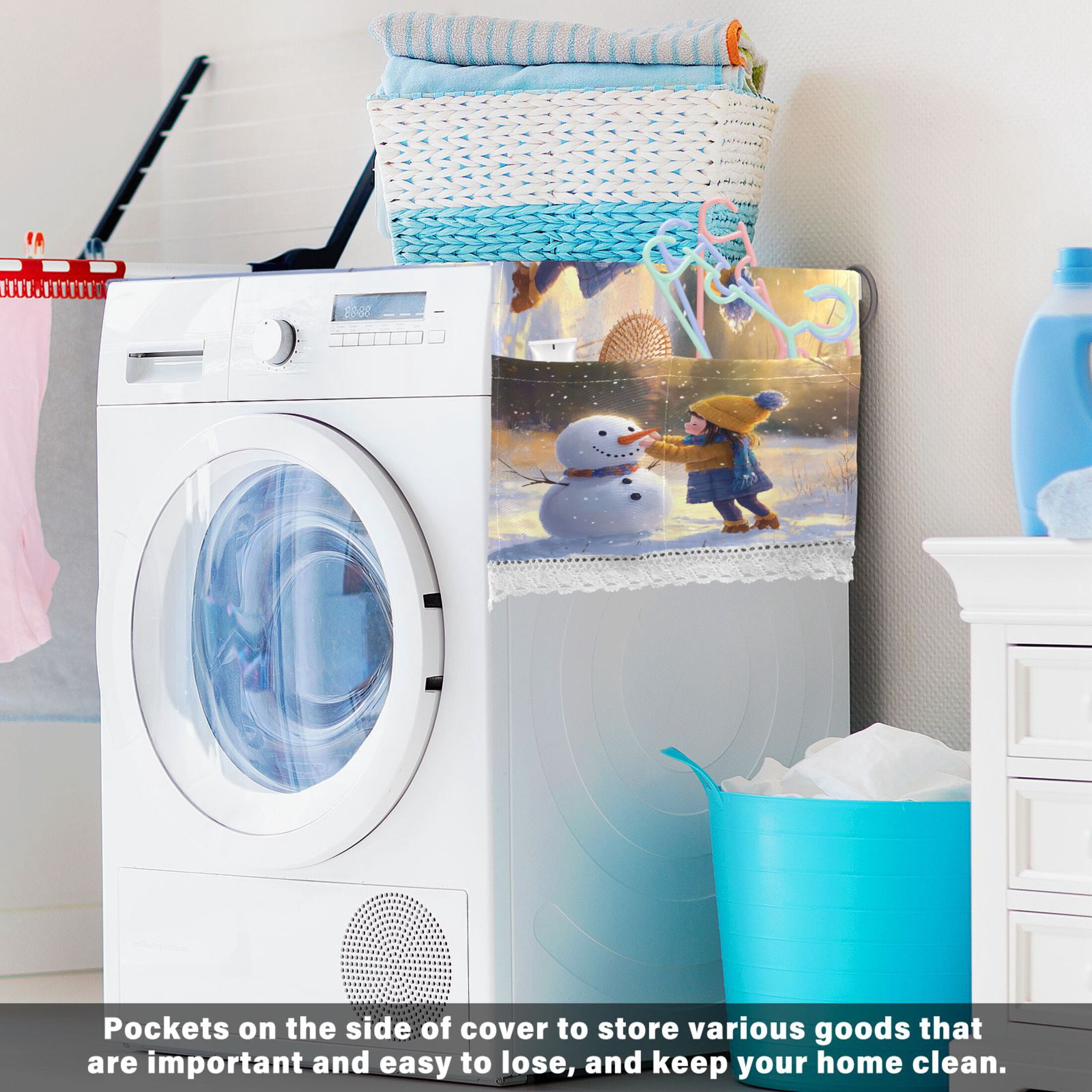 Girl with A SnowmanWasher and Dryer Covers Dust-Proof and Oil Resistant Fridge Cover with 4 Storage Pockets Washing Machine Top Cover for Laundry Kitchen Home 51.2 x 22 In