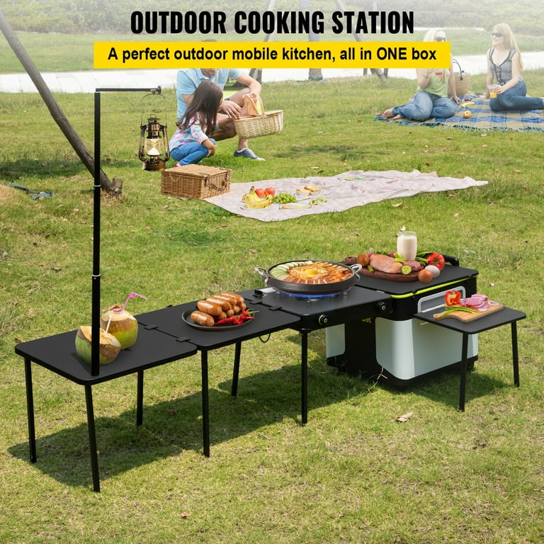 VEVOR Camping Kitchen, Outdoor Cooking Station Multifunctional Integrated  Box with Wheels & Windproof Stove Portable Folding Tables Storage  Organizer