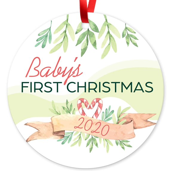 Soul Décor Christmas Ornaments Tree Decoration, Baby's First Christmas 2020 Ornament, Large 3.75" Round Metal Ornament, Velvet Pouch Included