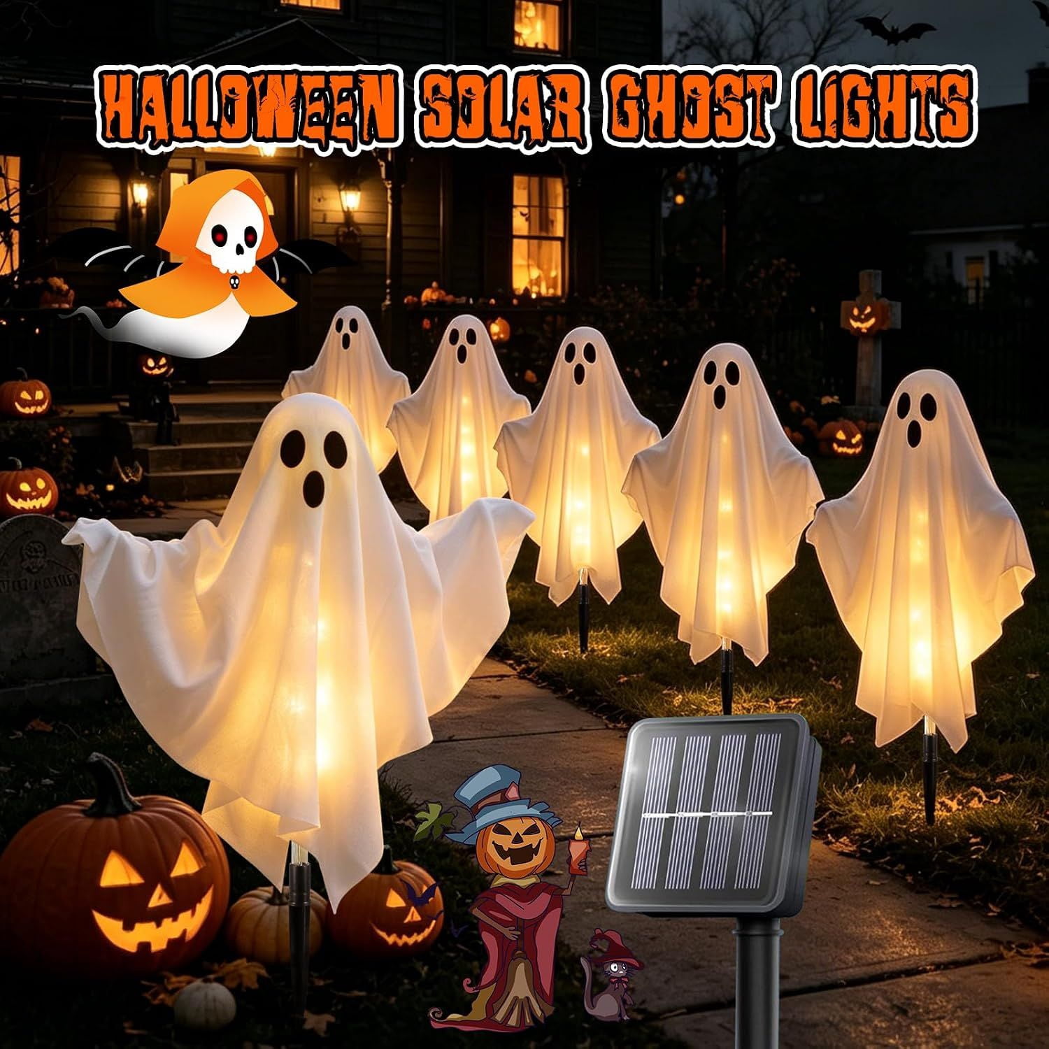 Solar Halloween Ghost Lights, 6-Piece Outdoor Stake Decorations with Warm White Glow and Poseable Arms for Garden Path, Yard, Porch, and Haunted House Displays