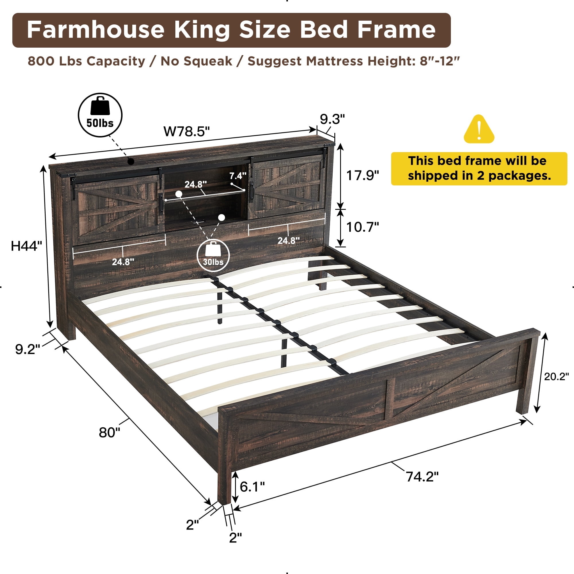 OKD Modern Farmhouse King Platform Bed with Bookcase Headboard Storage and Charging Station, No Box Spring Needed, Dark Rustic Oak