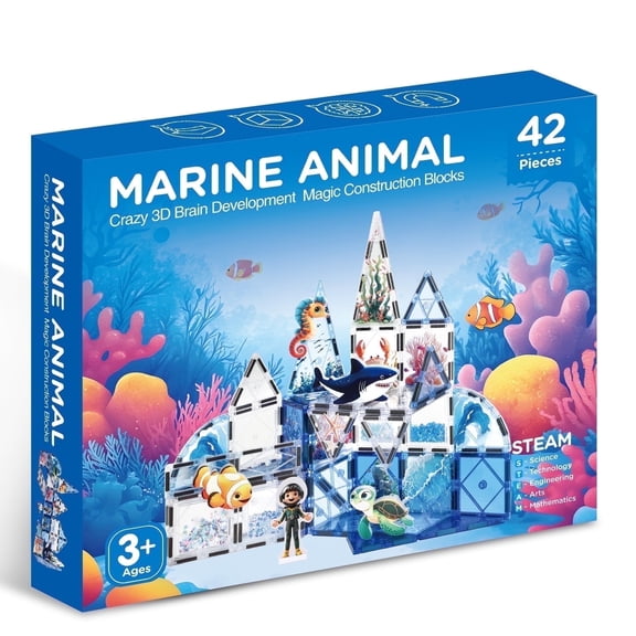 FunMagic Magnetic Tiles Marine Animal Magnetic Building Blocks with 5 Character Action Figures Shark Seahorses Turtle STEM Toys Construction Preschool Toddlers Kids Boys Girls 3 