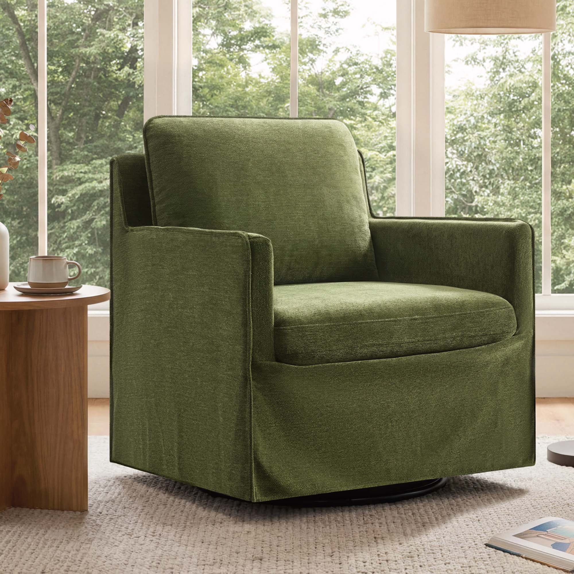 Spruce & Spring Upholstered Swivel Glider Accent Chair for Living Room, Nursery and Bedroom, Reversible Cushions, Track Arms, Modern Lounge Chair, Green