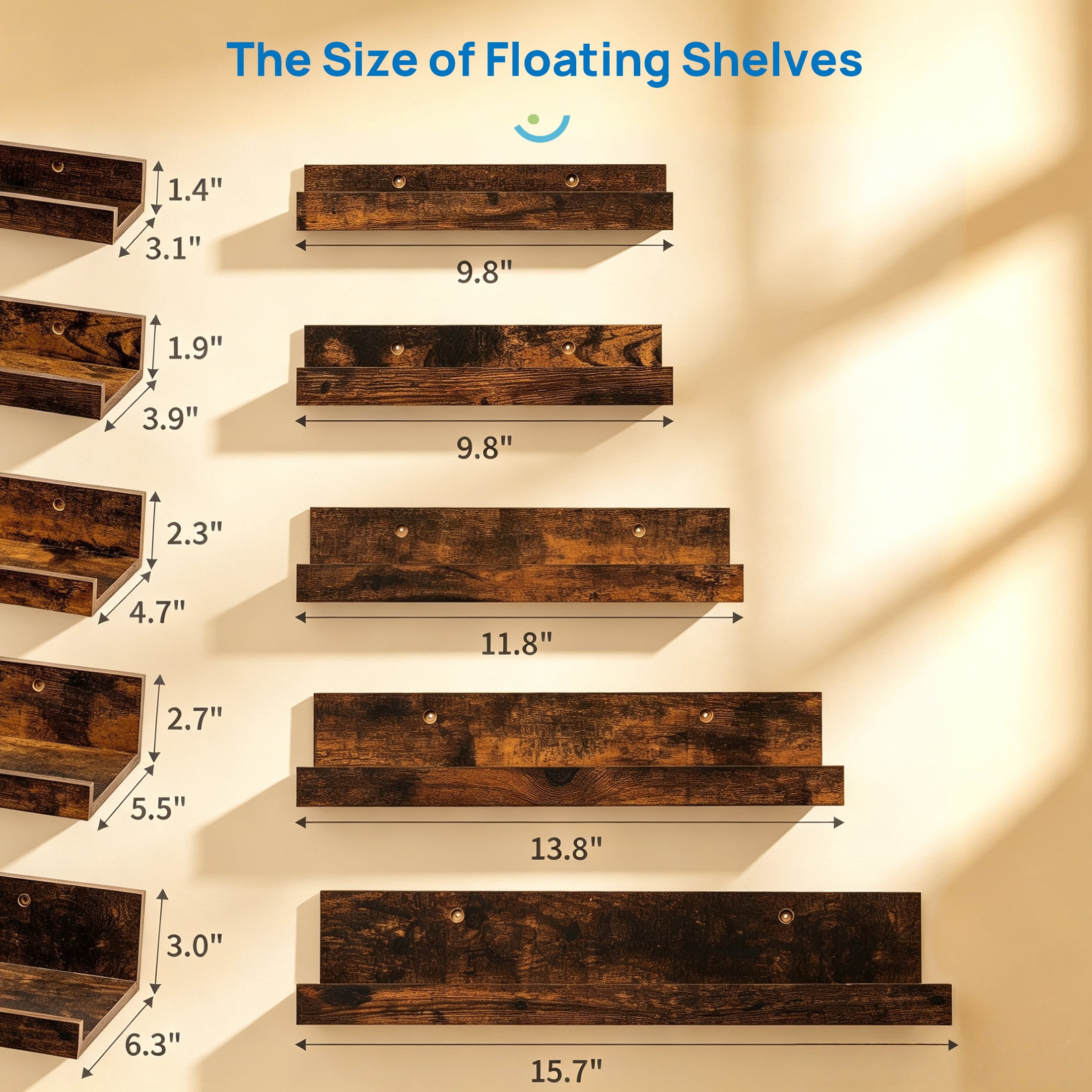 Floating Shelves, Sindcom Home Wood Shelf Wall Mounted, Set of 5, Multiple Sizes, Brown