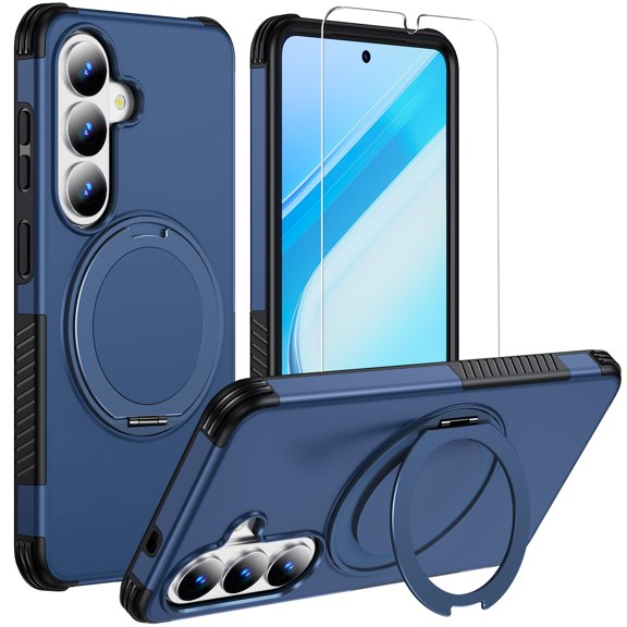 Dteck Magnetic Case with Tempered Glass Screen Protector for Samsung Galaxy S26, Shockproof TPU PC Compatible with Mag Safe Case with 360° Rotating Ring Kickstand Cover, Blue