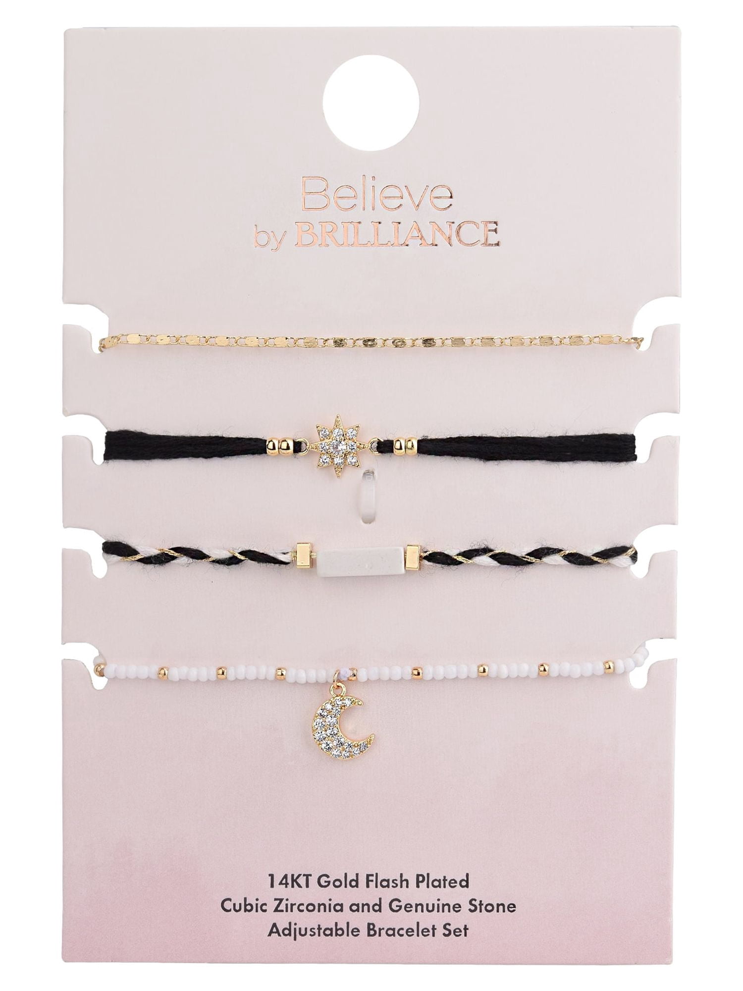 Believe by Brilliance Adult Female 14KT Gold Flash Plated 4pc Moon and Star Cubic Zirconia and Genuine Stone Adjustable Bracelet Set