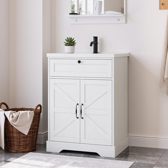 Smart FENDEE 22.83" Bathroom Vanity with Sink, Storage Cabinet with Barn Door & Drawer, White