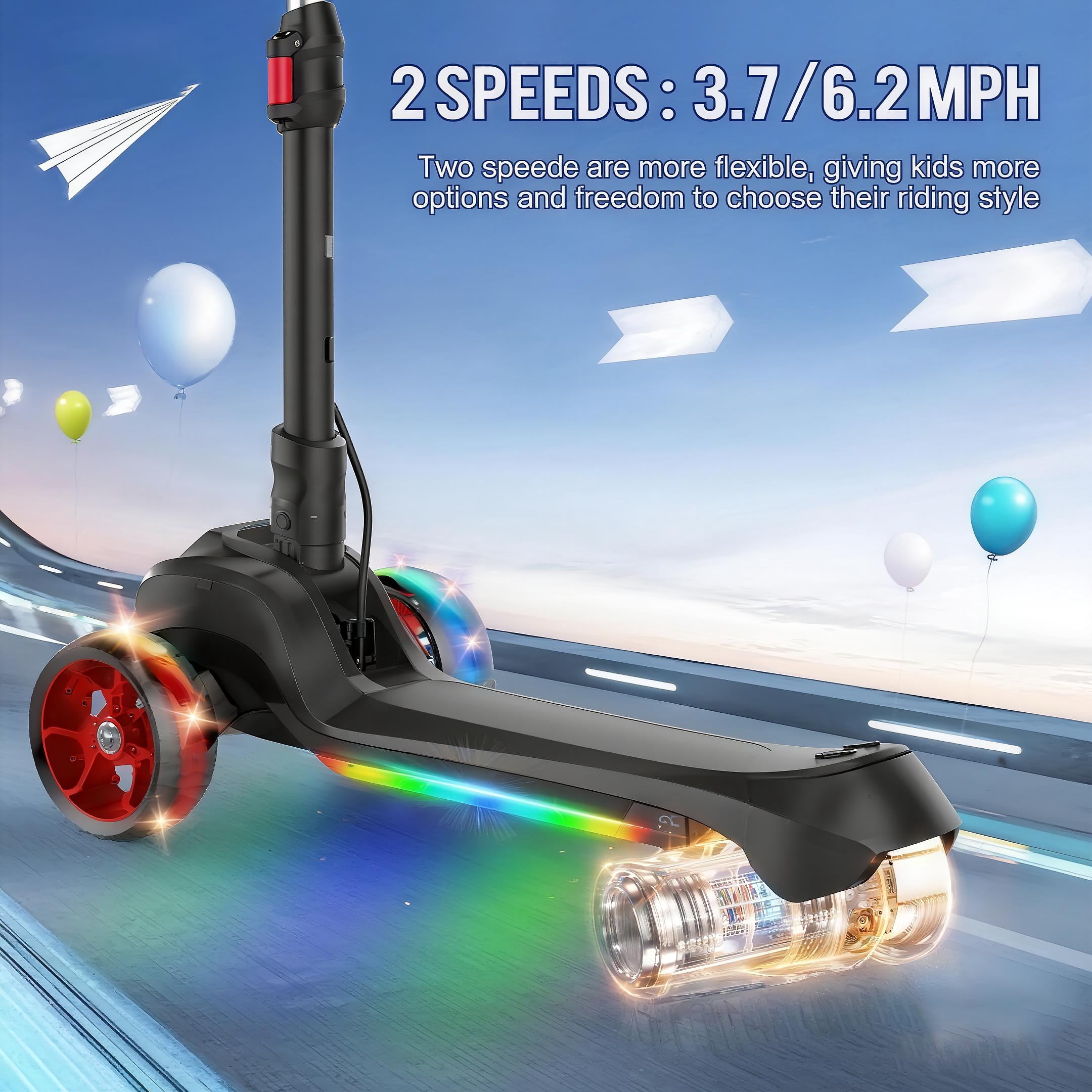 Electric Scooter for Kids Age 3-6, Bluetooth & Display Foldable 3-Wheel Escooter, Light-Up Wheels & Pedal Adjustable Scooter, 2-Speed Electric Ride On Toys (Black)