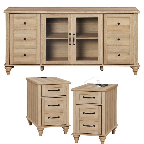 WAMPAT 3 Piece Glass Door TV Stand Set ，1 TV Stand and 2 End Table with Charging Station for Living Room, Farmhouse Modern Entertainment Center Console Table, 2 End Table with Storage Cabinet,Oak