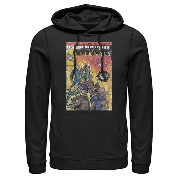 Men's Marvel Eternals Retro Group Comic Book Cover Pull Over Hoodie Black Small