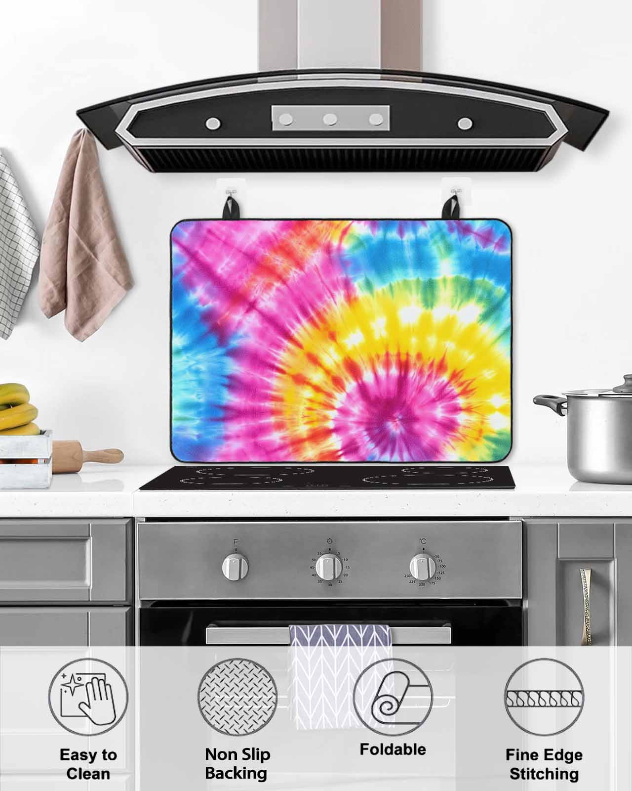 nqOlkjepod Large Induction Cooktop Protector Mat 36"x21", Colorful Boho Stove Top Covers for Electric Stove, Pink Yellow Blue Green Tie Dye Abstract Art Stove Burner Cover Mats Stove Cover