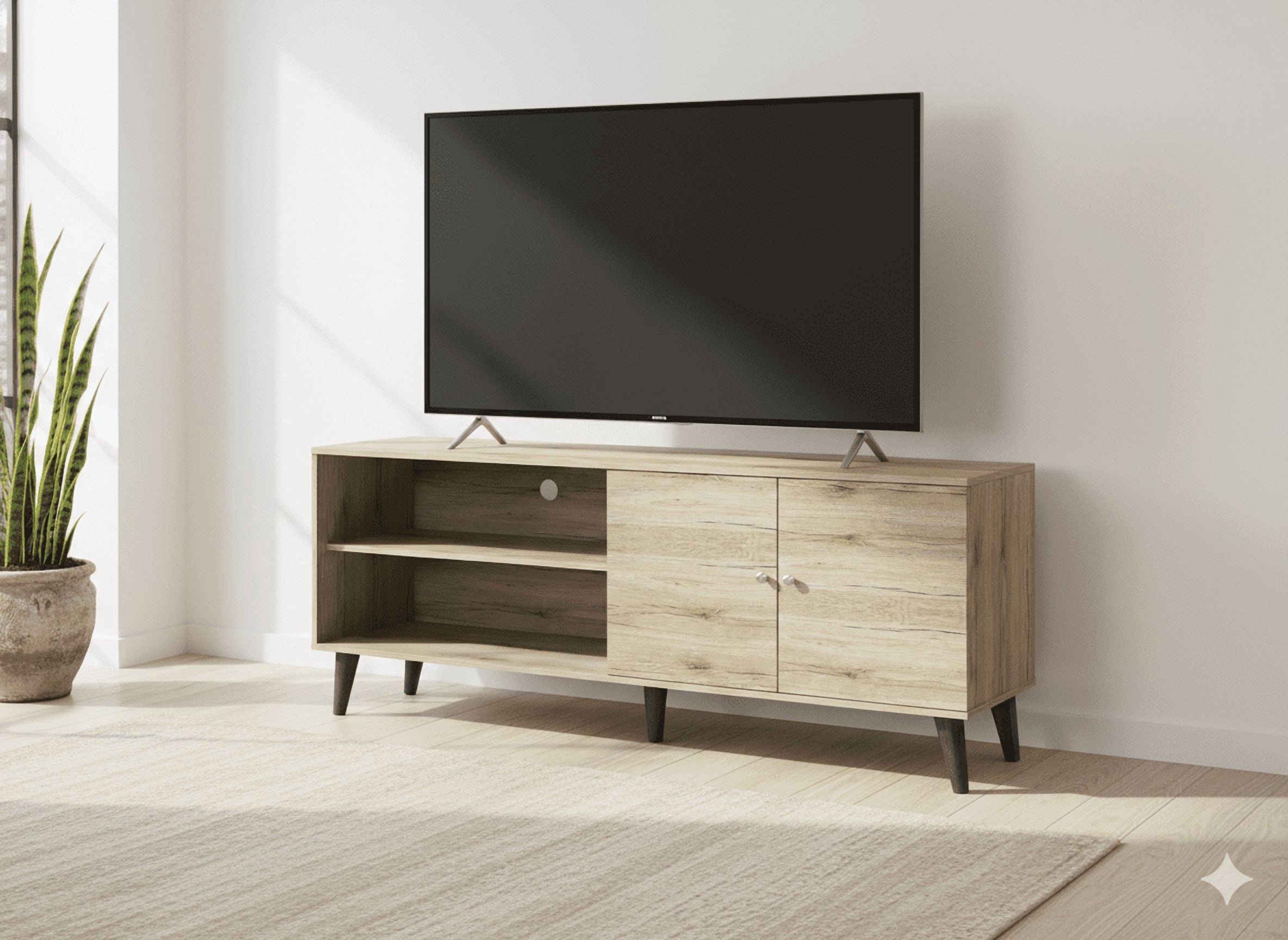 Mintazer 63" Mid-Century Modern TV Stand with Open Storage, Media Entertainment Centre with Cable Hole & 2 Door Cabinet, Natural
