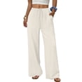 thumbnail image 2 of Flowy Palazzo Pants for Women with Pockets Casual Wide Leg Pants Lounge Cruise Beach Vacation Clothes Uncuffed Elastic Waist Boho Trousers, Beige, 30" Inseam, S, 2 of 7
