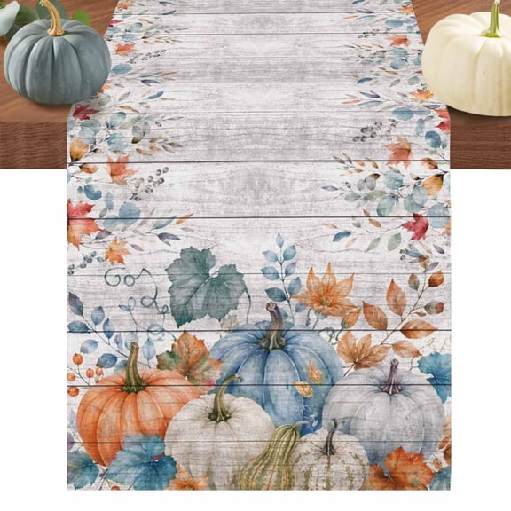 Farmhouse Fall Table Runner 120 Inches Long, Thanksgiving Pumpkins Maple Eucalyptus Wooden Cotton Linen Table Runners Dresser Scarves, Fabric Tabletop Scarf Furniture Cover for Dinner Party 13"x120"