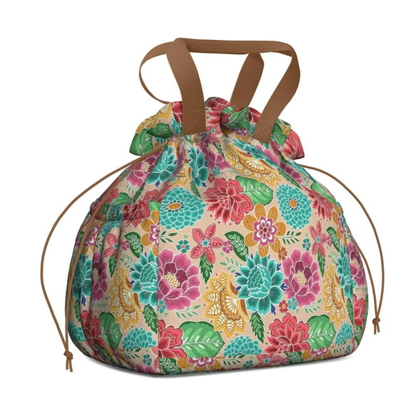 Pioneer Flower Drawstring Lunch Bag Women - Drawstring Lunch Bag Insulated for Work Office - Stain-Resistant Large Lunchbags for Women with Multi-Pockets
