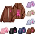 thumbnail image 2 of Womens Fall Zip Up Hoodies Breast Cancer Awareness SweatshirtsSurvivor Support Shirts Women, Drawstring, Pink Ribbon Print Long Sleeve Winter Comfy Track Jackets with Pocket Brown S, 2 of 7