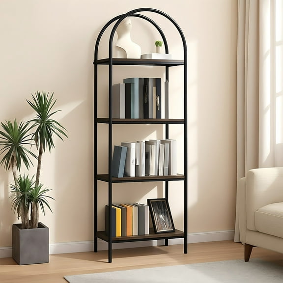 4-Tier Arched Bookshelf, Industrial Style Open Bookcase with Metal Frame, Freestanding Display Shelving Unit for Living Room, Bedroom, Office Storage