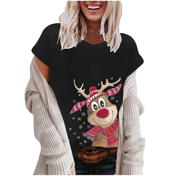 Camiseta holgada de manga corta con cuello redondo y estampado navideño informal a la moda para mujer Pompotops hfajkhk124492