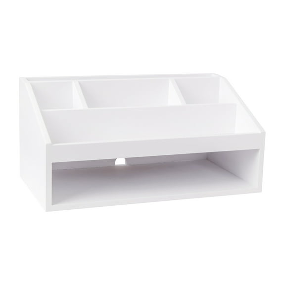 Martha Stewart Weston Wooden Desktop Organizer with Open Lower Storage Compartment, Engineered Wood Multipurpose Storage Caddy, White