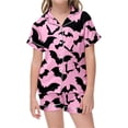 thumbnail image 4 of JAJAHO Toddlers And Kids Halloween Pajamas Set For Girls Satin 2 Pcs Pjs Bat Printed Short Sleeve Sleepwear Shorts Set 2-13Y, 4 of 4