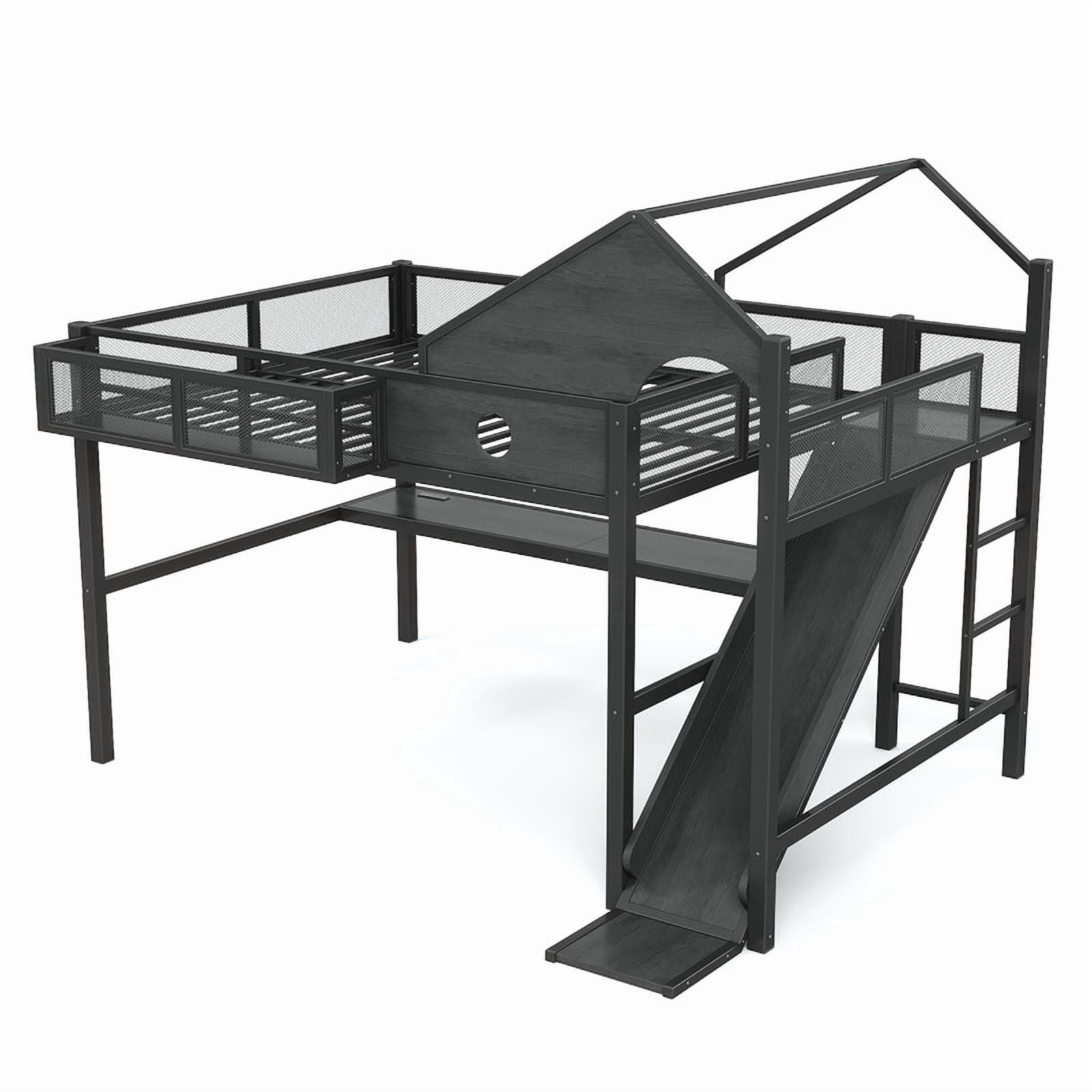 Queen Size House Shaped Kids Loft Bed with Slide, Teens Metal Bed Frame with LED Lights, Desk, Power Outlet & Storage Shelf
