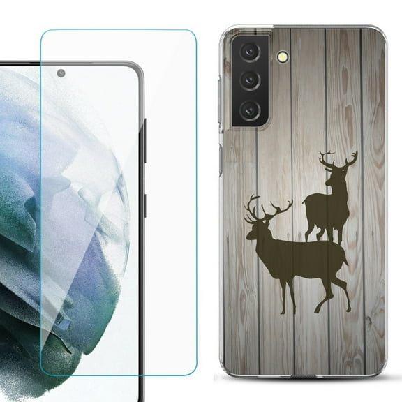 Slim-Fit TPU Fashion Phone Case for Samsung Galaxy S21 FE 5G Fan Edition, with Tempered Glass Screen Protector, by OneToughShield ® - Wood/Deer