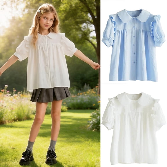 Girls Dress Shirt School Uniform Casual Short Sleeve Blouse Shirts Summer Tunic Fashion Solid Button Down Tees Polo Shirt for Kids 5-6 Years