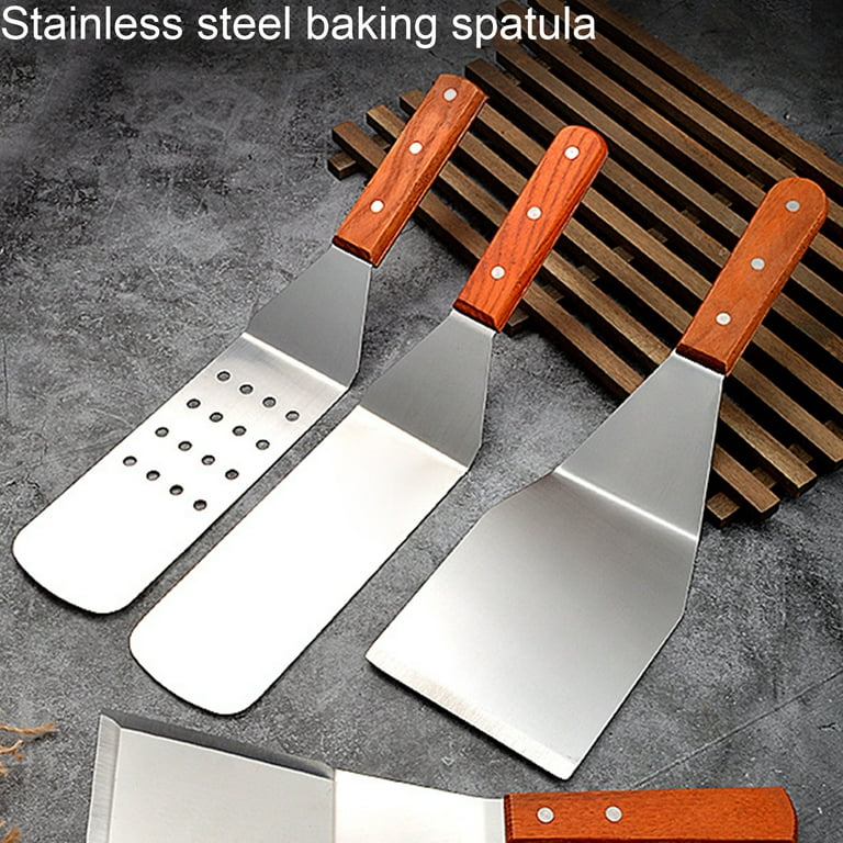 Personalhomed Wooden Handle Stainless Steel Cooking Spatula Teppanyaki Flat-mouth Frying Spatula Kitchen Curly Spreading Steak Pizza Draining Spatula