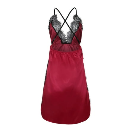 

Follure Ladies casual underwear bra Plus Size Women s Eyelashes Lace Lingerie Nightdress With Side Slits Wine XXXL