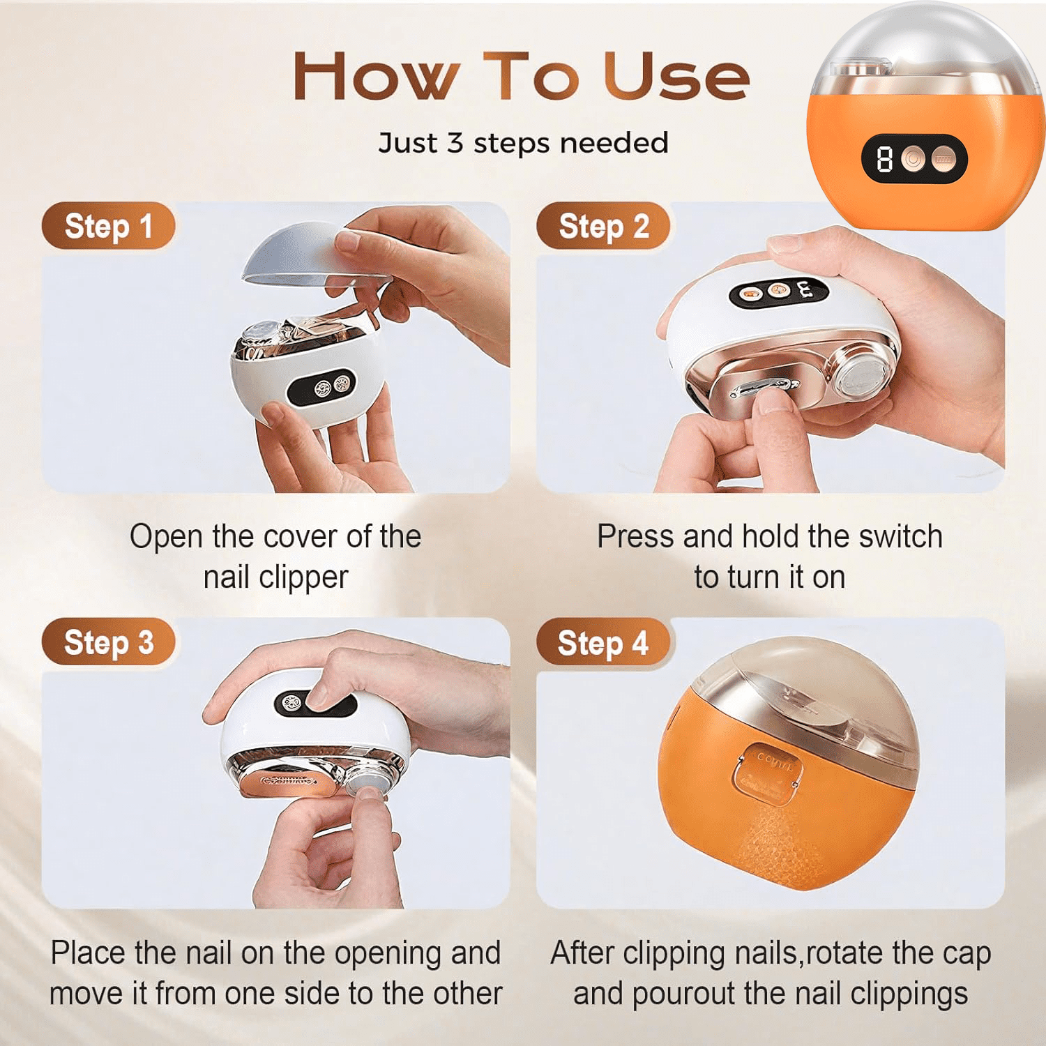 Multi-Functional Electric Nail Trimmer, 2026 Upgraded 2 in 1 Electric Polishing Automatic Nail Clippers, Electric Nail Clipper with 3 Speed Levels, Automatic Nail Trimmer & Grinder (Orange)