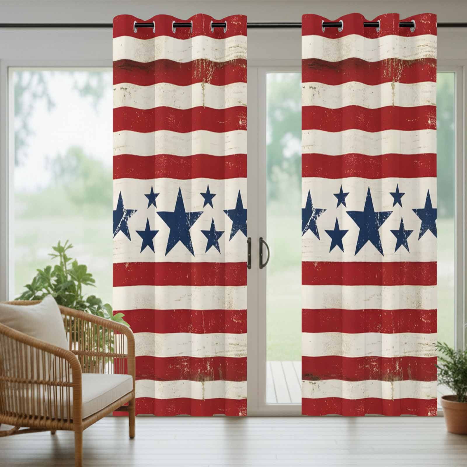 Independence Day Outdoor Curtains for Patio, Vintage Country Blue Stars Red Stripes Sunshade Privacy Drapes Grommet Waterproof Outside Curtains for Porch/Cabana/Balcony 54"x 108", 1 Panel