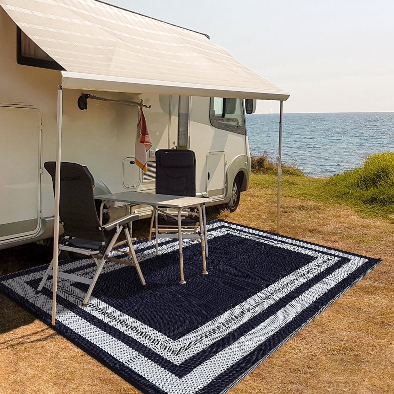 GlowSol 9'x18' Outdoor Rug for Patio Waterproof Reversible Plastic Camping Rugs for Rv Porch Deck Camper Balcony Backyard, Dark Blue