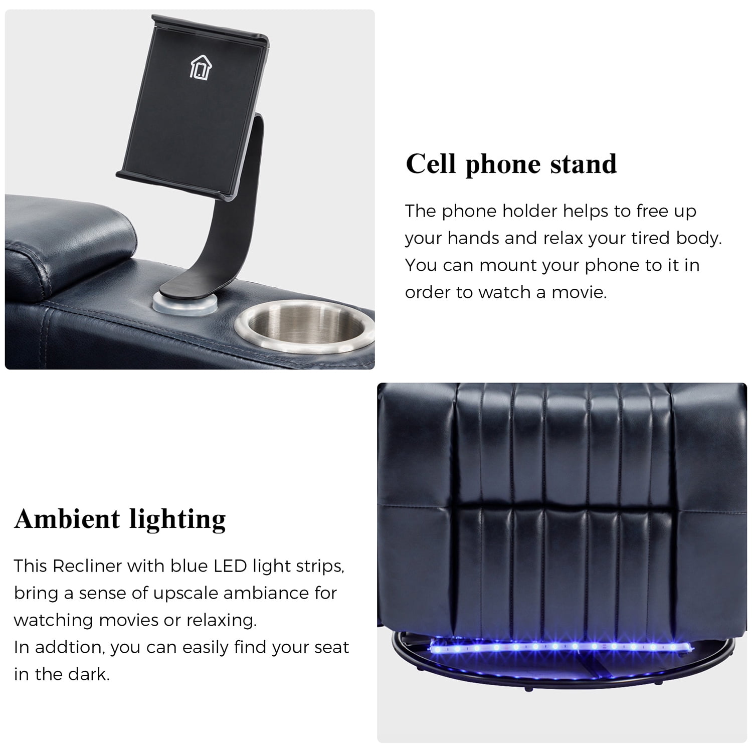 Resenkos 270° Power Swivel Recliner, Home Theater Seating with Hidden Arm Storage and LED Light Strip, Cup Holder, Blue Resenkos 270° Power Swivel Recliner, Home Theater Seating with Hidden Arm Storage and LED Light Strip, Cup Holder, Blue