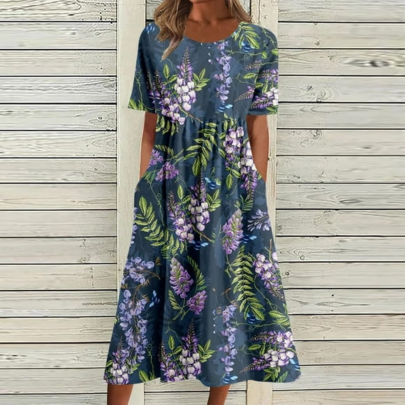 Aqestyerly Women's Summer Printed Round‑Neck Short Sleeve Vacation Dress with Pockets,Casual Beach Dress with Vibrant Print HWRETIE