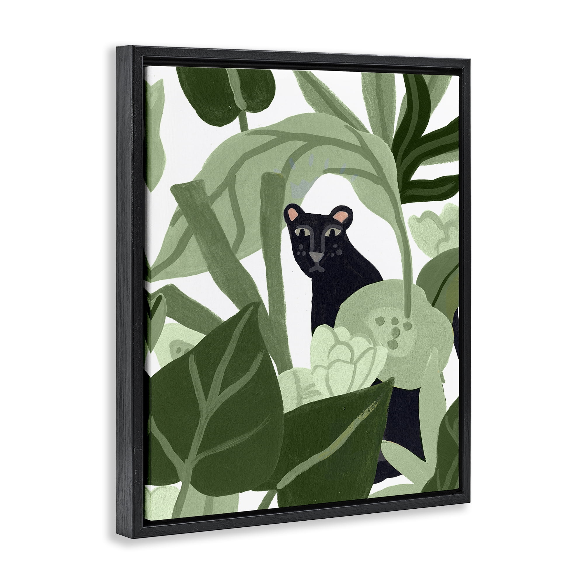 Stupell Industries Panther Peeking from Leaves Plants & Flowers Painting Black Floater Framed Canvas Art Print Wall Art, 17 x 21